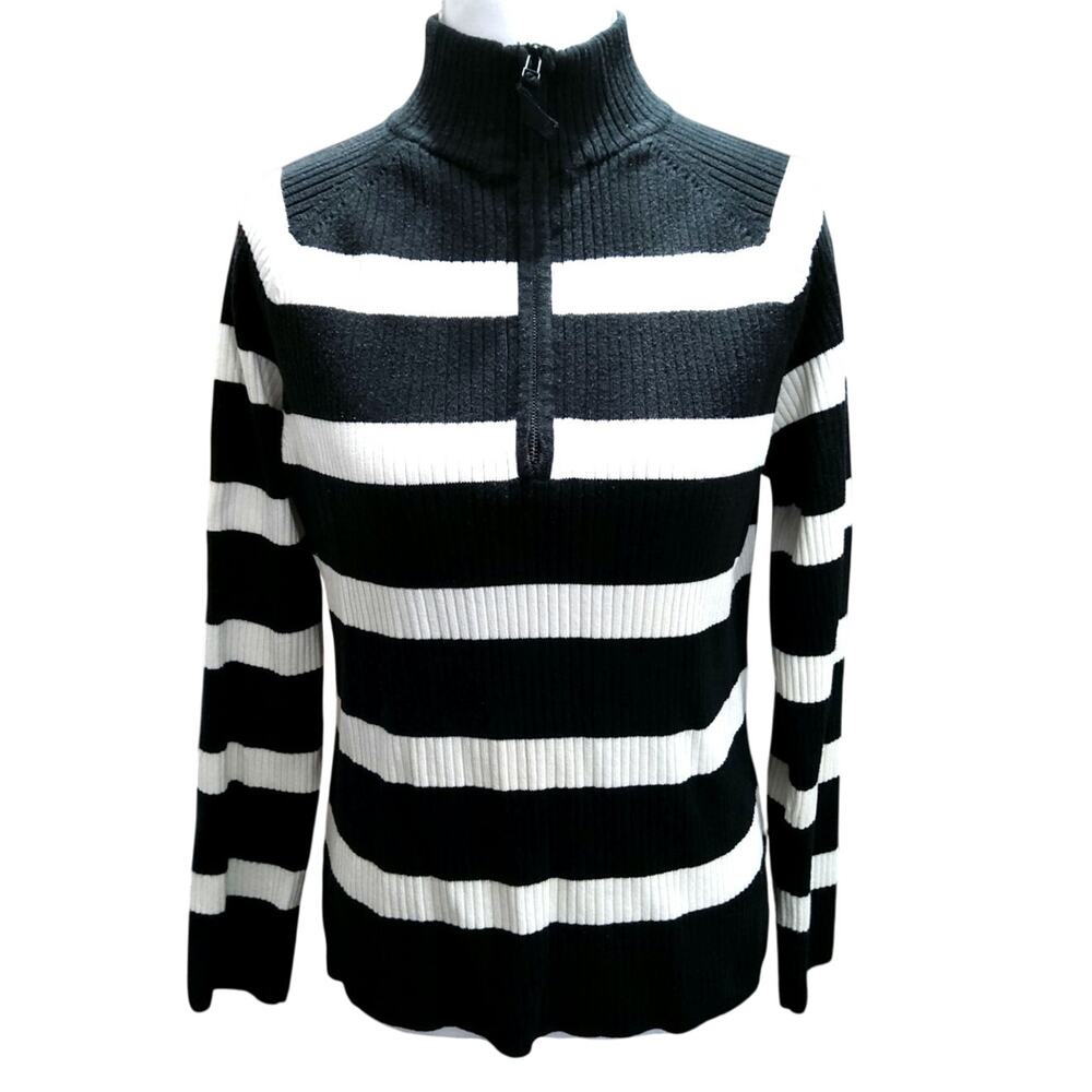 Vtg Charter Club Coastal top sz L/p blk /wht striped ribbed turtleneck preppy
